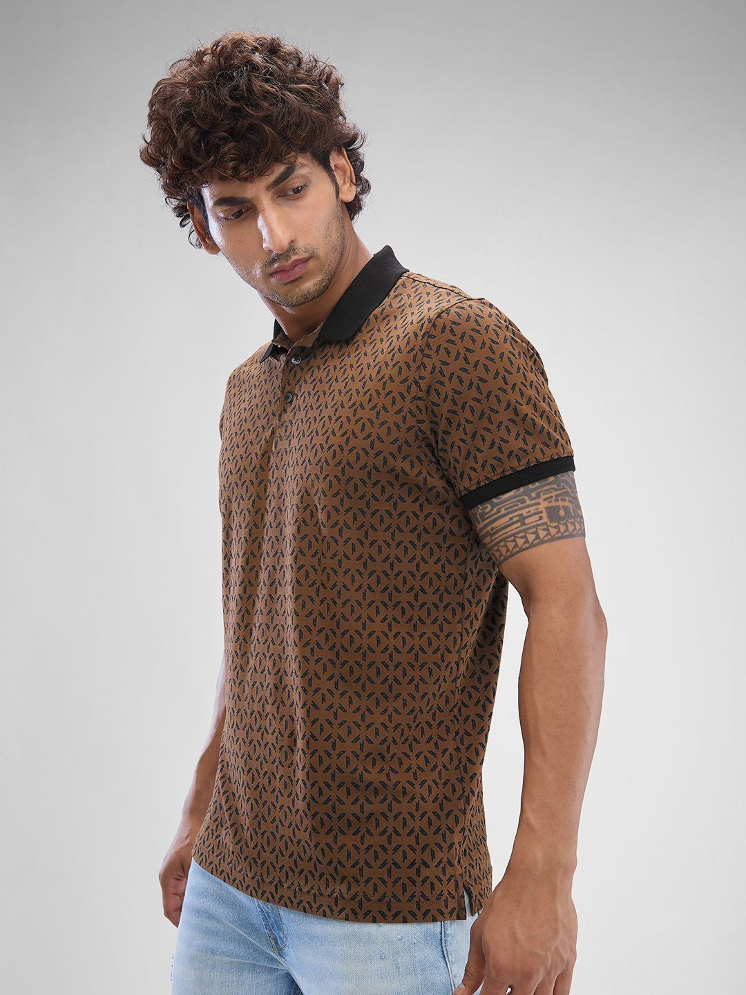 SPYKAR Men Abstract Printed Polo Collar Slim Fit T-shirt