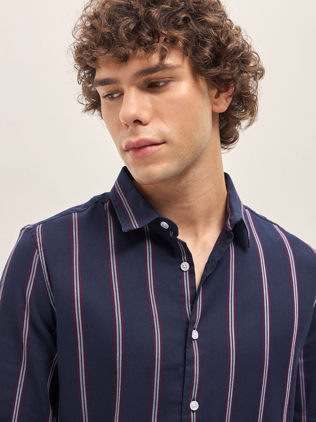 THE BEAR HOUSE Men Spread Collar Vertical Striped Cotton Slim Fit Casual Shirt