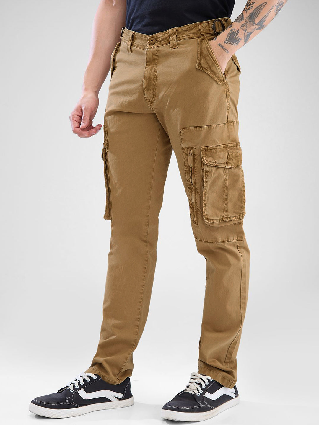 SPYKAR Regular Fit Solid Cargo Trousers