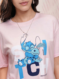 Tokyo Talkies Disney Women Stitch Printed Pure Cotton Boxy Fit T Shirt With Pant Co Ords