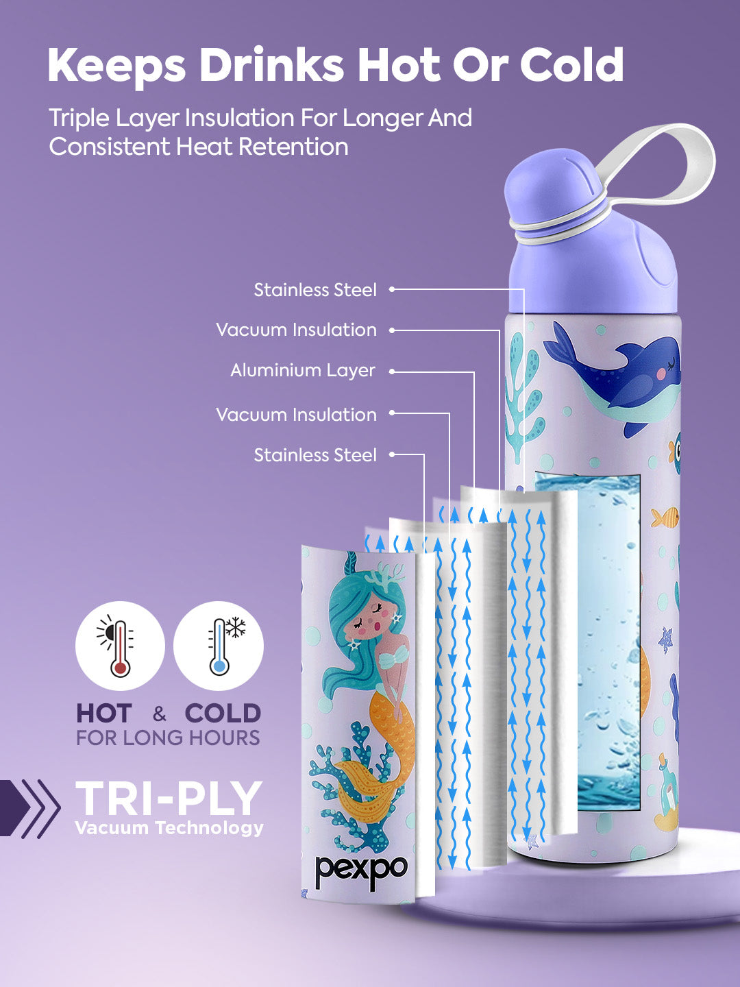 Pexpo Purple Printed Stainless Steel Double Wall Vacuum Water Bottle 470ml