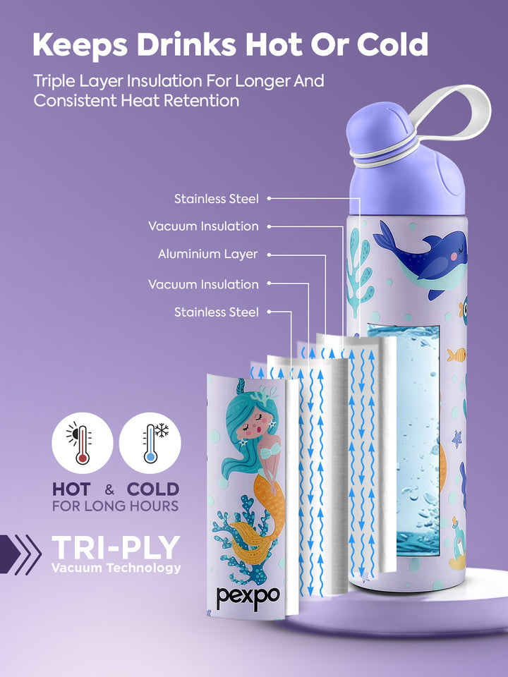 Pexpo Purple Printed Stainless Steel Double Wall Vacuum Water Bottle 470ml