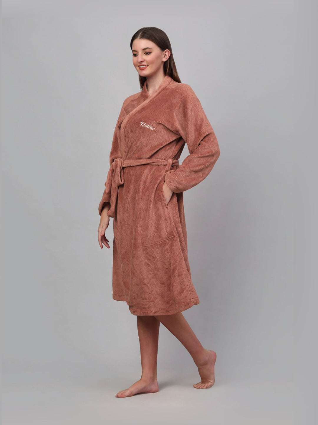 KLOTTHE Rust Woollen Long Sleeves Bath Robe With Belt