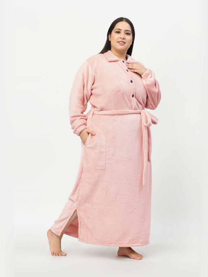 KLOTTHE Plus Size Long Sleeve Woolen Bath Robe With Belt