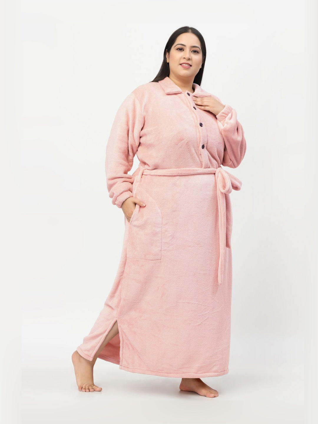 KLOTTHE Plus Size Long Sleeve Woolen Bath Robe With Belt