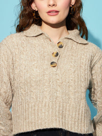 STREET 9 Beige Ribbed Cable knit Shirt Collar Acrylic Crop Pullover Sweater