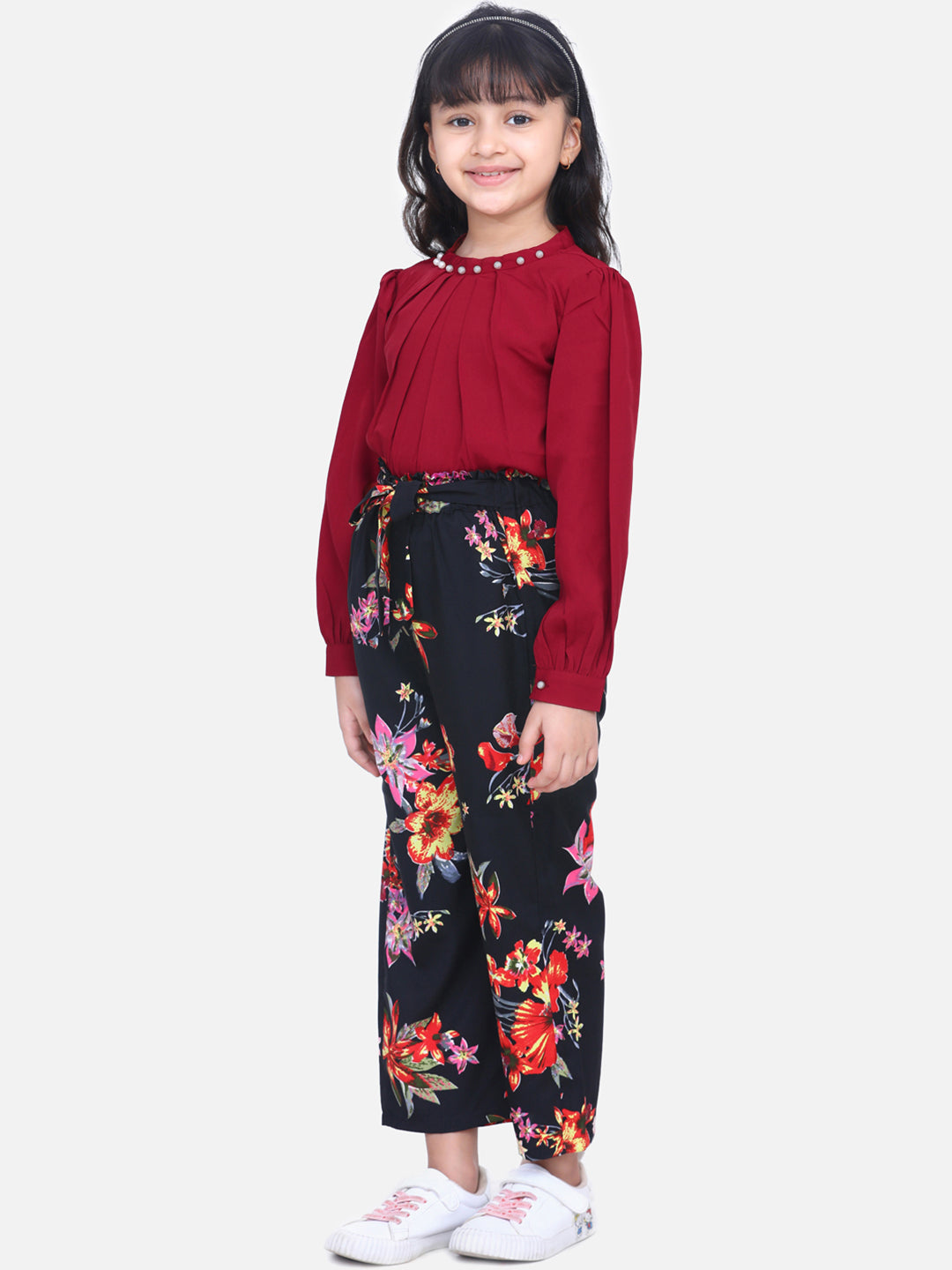 Cutiekins Floral Printed Bishop Sleeves Top with Palazzos Clothing Set