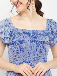 Antheaa Square Neck Abstract Printed Tiered Embellished Chiffon Fit & Flare Midi Dress