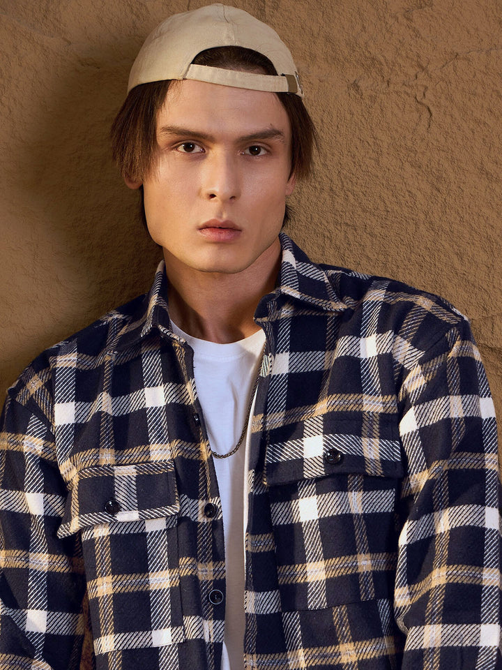 DENNISON Men Double Pocket Drop Shoulder Oversized Cotton Checked Shacket