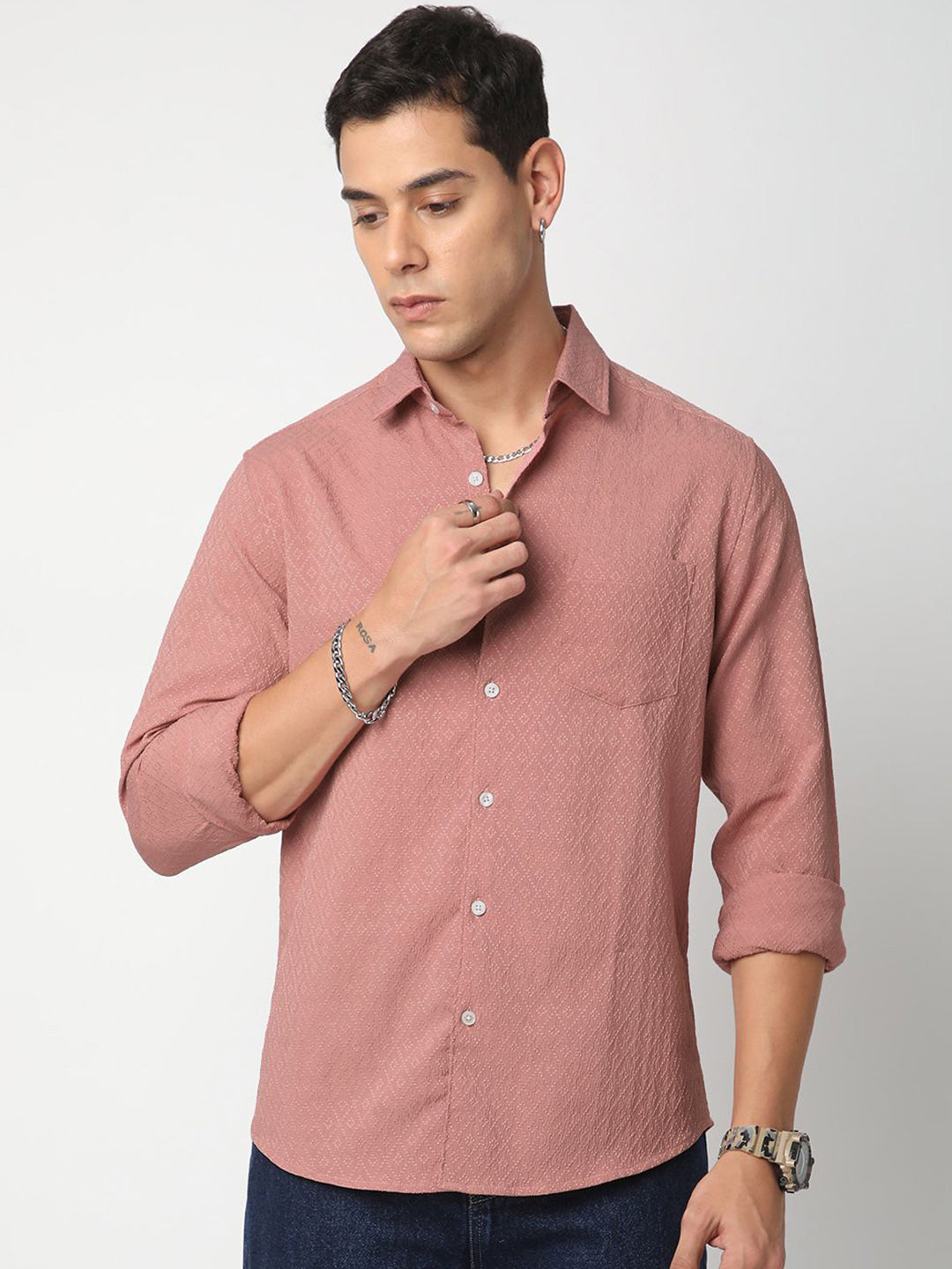 VASTRADO Men Classic Spread Collar Textured Slim Fit Casual Shirt