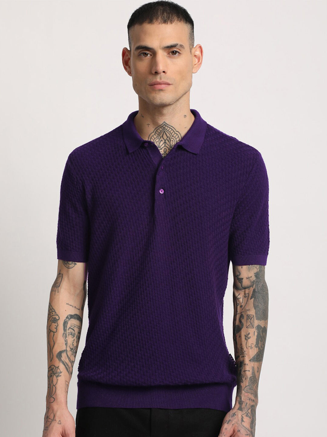 THE BEAR HOUSE Men Self Design Slim Fit Cotton Polo Collar T-Shirt