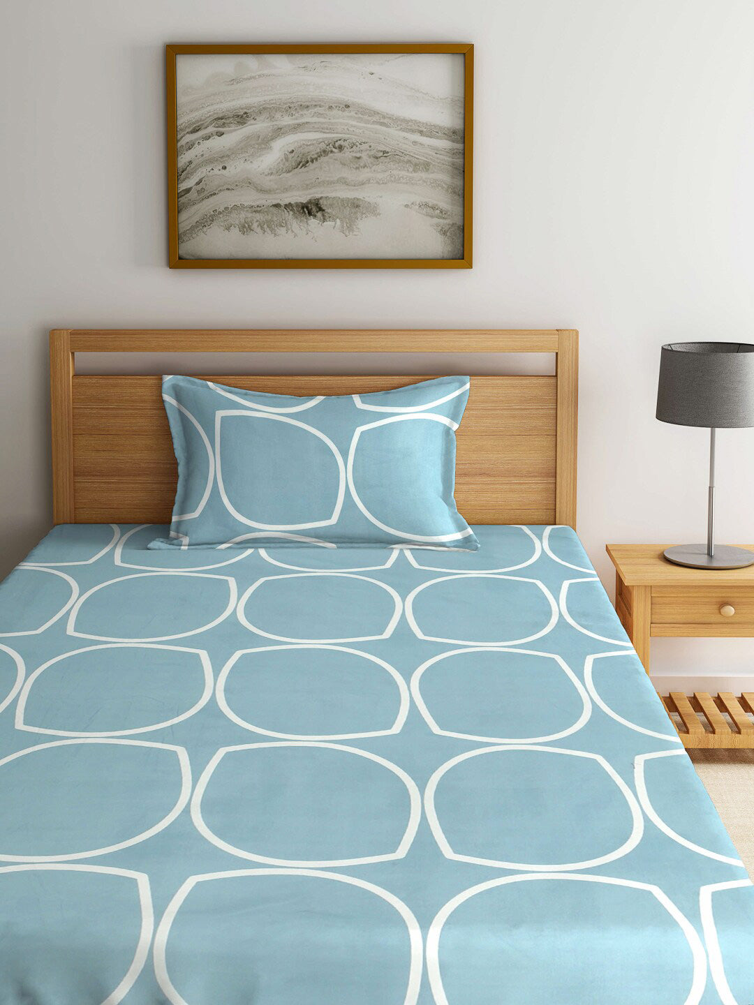 KLOTTHE Blue & White Geometric Printed 300TC Fitted Single Bedsheet With Pillow Cover