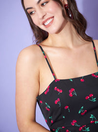Berrylush Black Cherry Printed Shoulder Straps Sleeveless Tie-Up Layered Playsuit