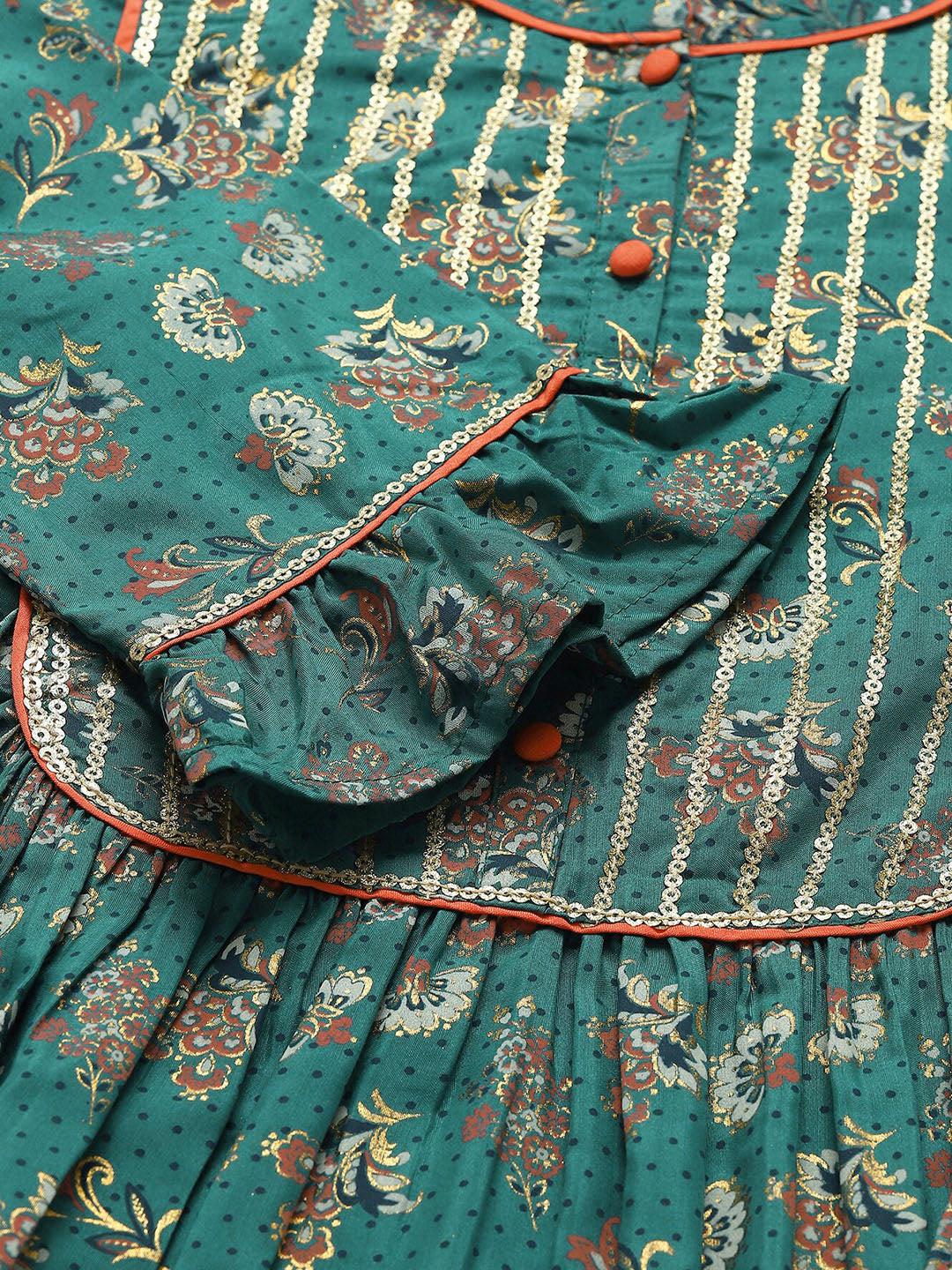 AURELIA Women Green Ethnic Motifs Printed Keyhole Neck Kurta