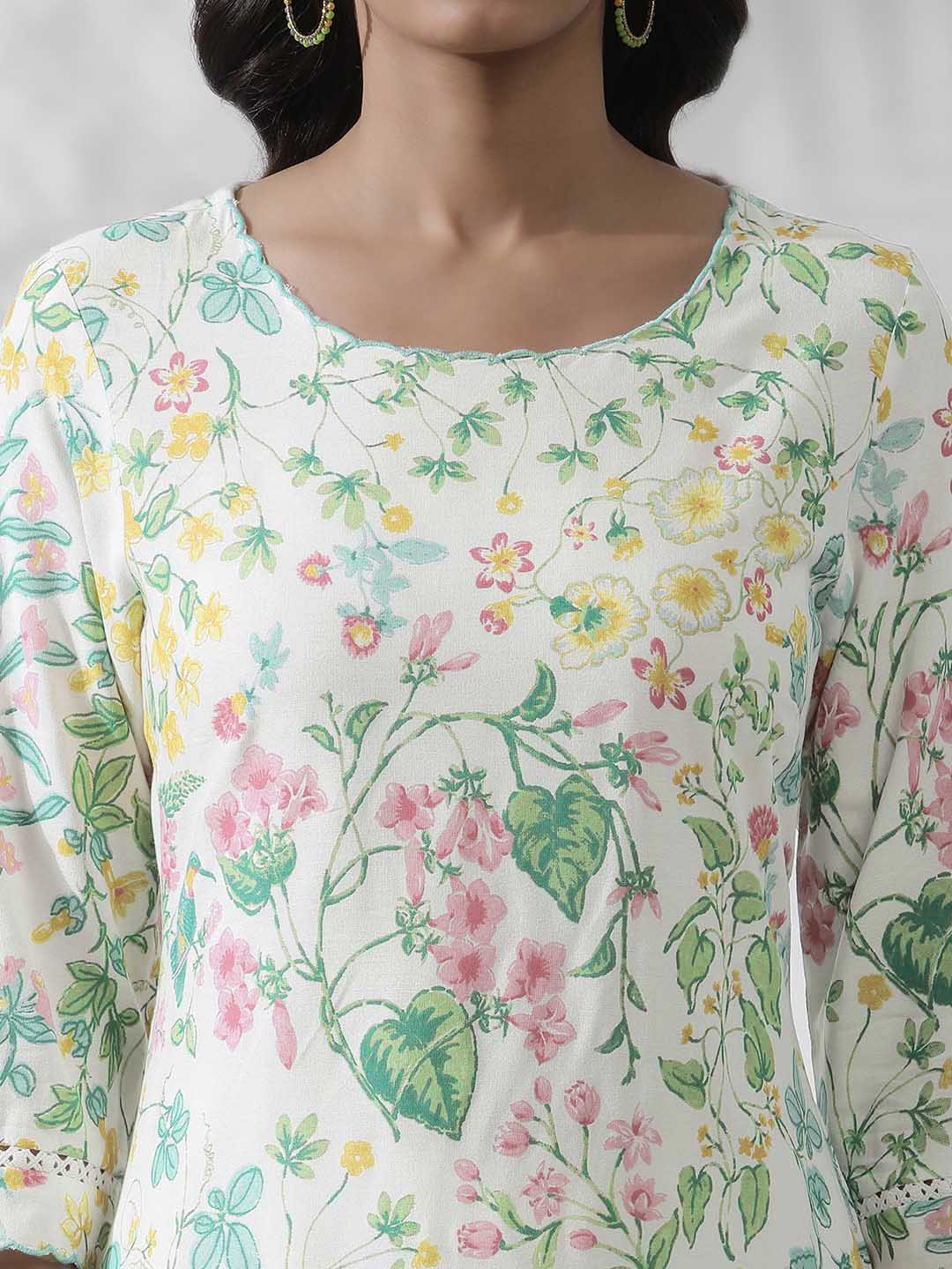 W White Floral Printed Straight Kurta