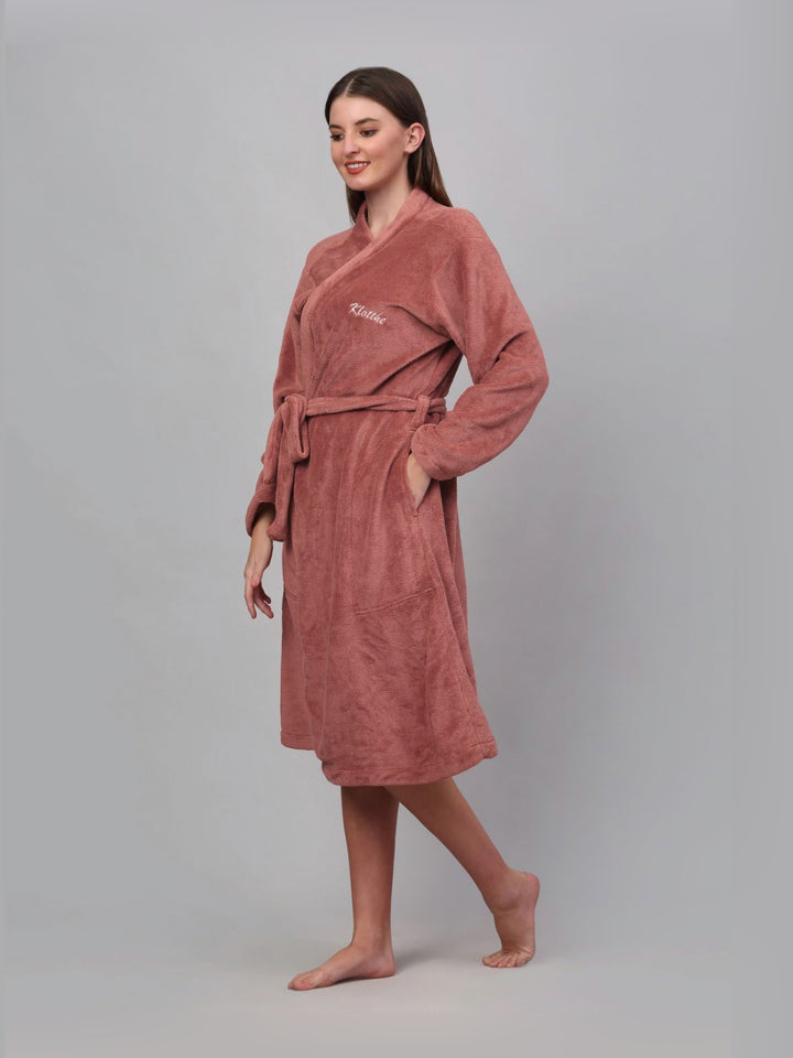 KLOTTHE Rust Woolen Shawl Collar Bath Robe With Belt