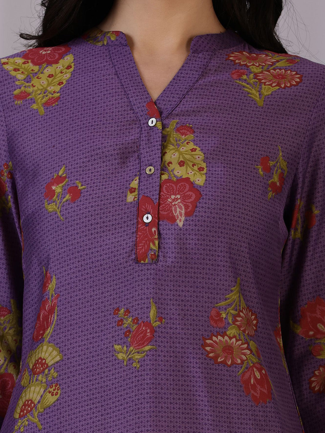 W Purple Floral Printed Mandarin Collar Three-Quarter Sleeves Straight Kurta