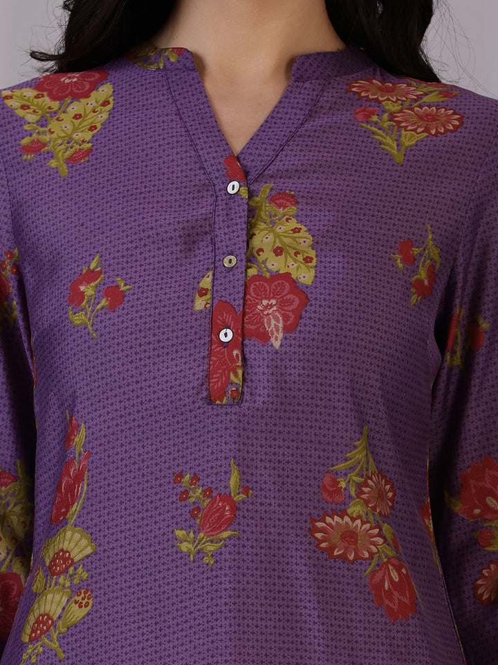 W Purple Floral Printed Mandarin Collar Three-Quarter Sleeves Straight Kurta