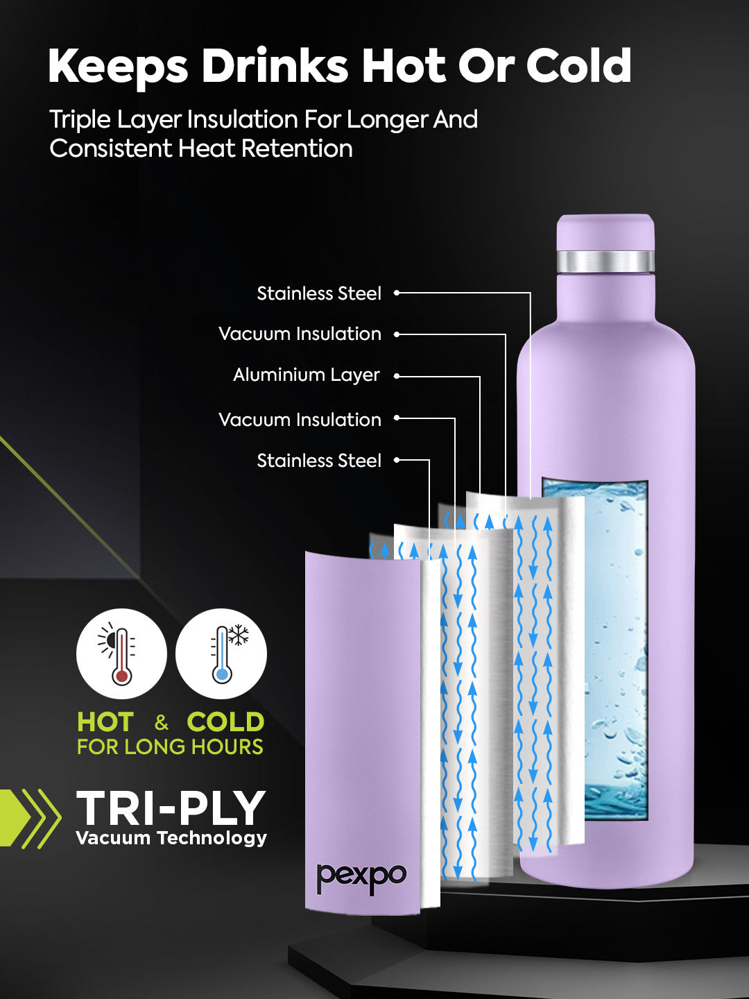 Pexpo Oreo Purple ISI Certified Thermosteel Hot and Cold Flask Water Bottle 980 ml