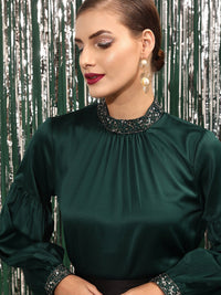 STREET 9 Puff Sleeves High Neck Embellished Satin Top