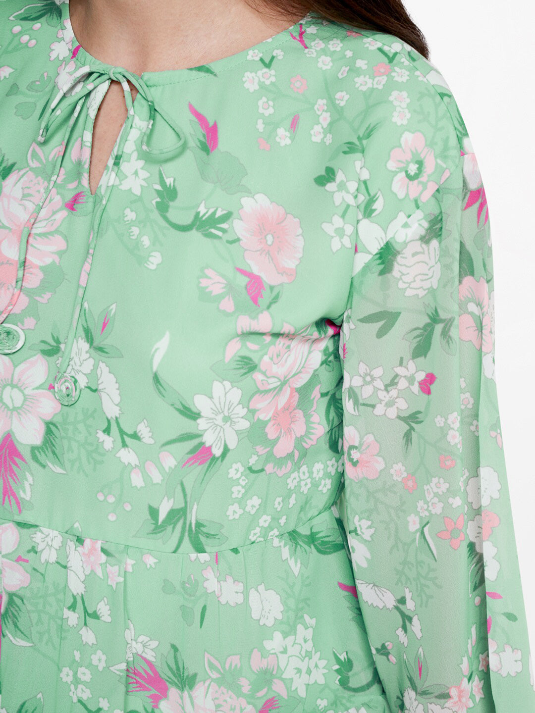 AND Green Floral Print Tie-Up Neck Peplum Top