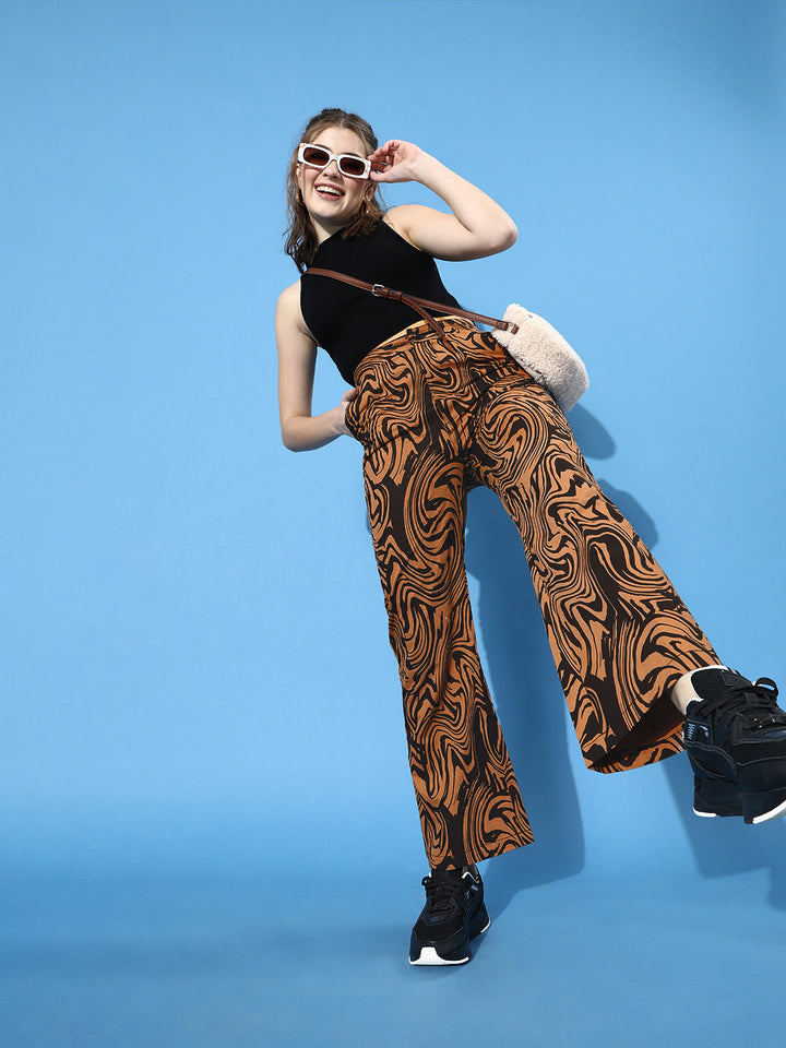 STREET 9 Women Deep Brown Printed Mid-Rise Trousers