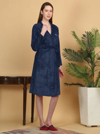 KLOTTHE Navy Blue Self Design Woollen Bath Robe With Belt