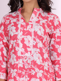 Varanga Pink Floral Printed Mandarin Collar Pure Cotton Kurta with Trousers