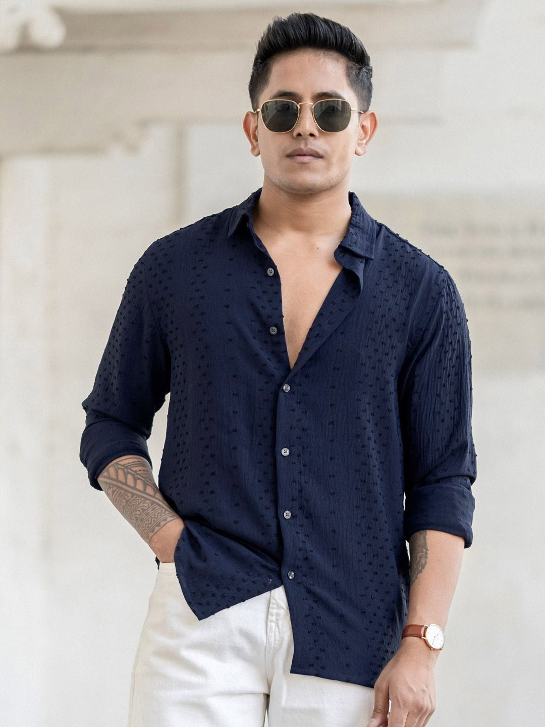 Powerlook Men Spread Collar Textured Casual Shirt