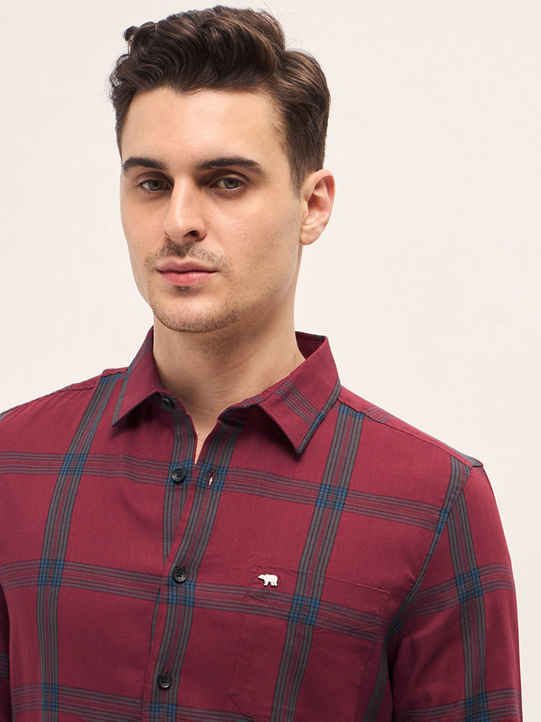 THE BEAR HOUSE Men Slim Fit Spread Collar Windowpane Checked Cotton Casual Shirt