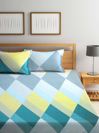 KLOTTHE Turquoise Blue & Yellow Geometric 300 TC King Bedsheet with 2 Pillow Covers