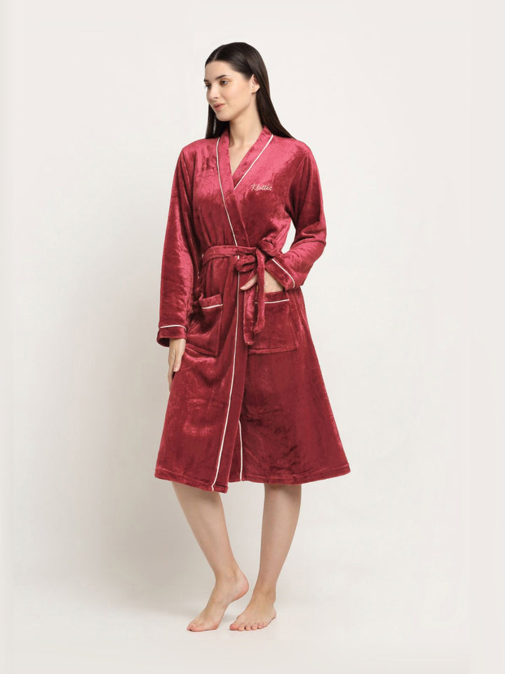 KLOTTHE Red Woolen Long Sleeves Bath Robe With Belt