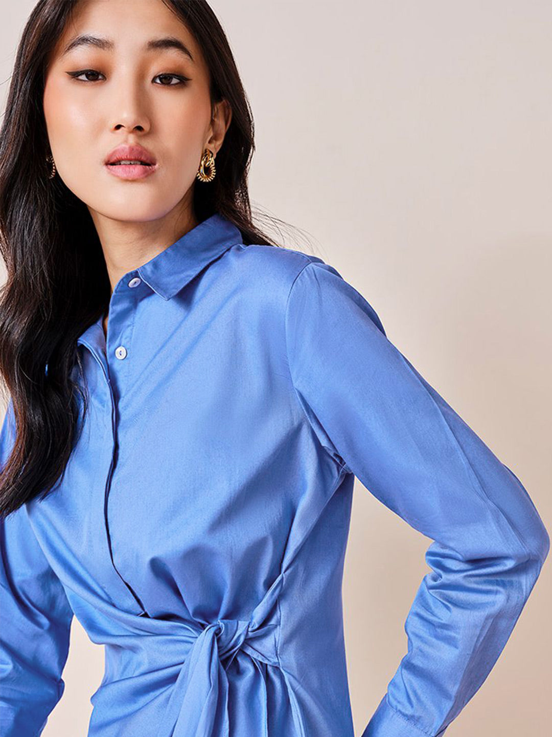 AND Women Solid Shirt Collar Long Sleeves Cotton Top