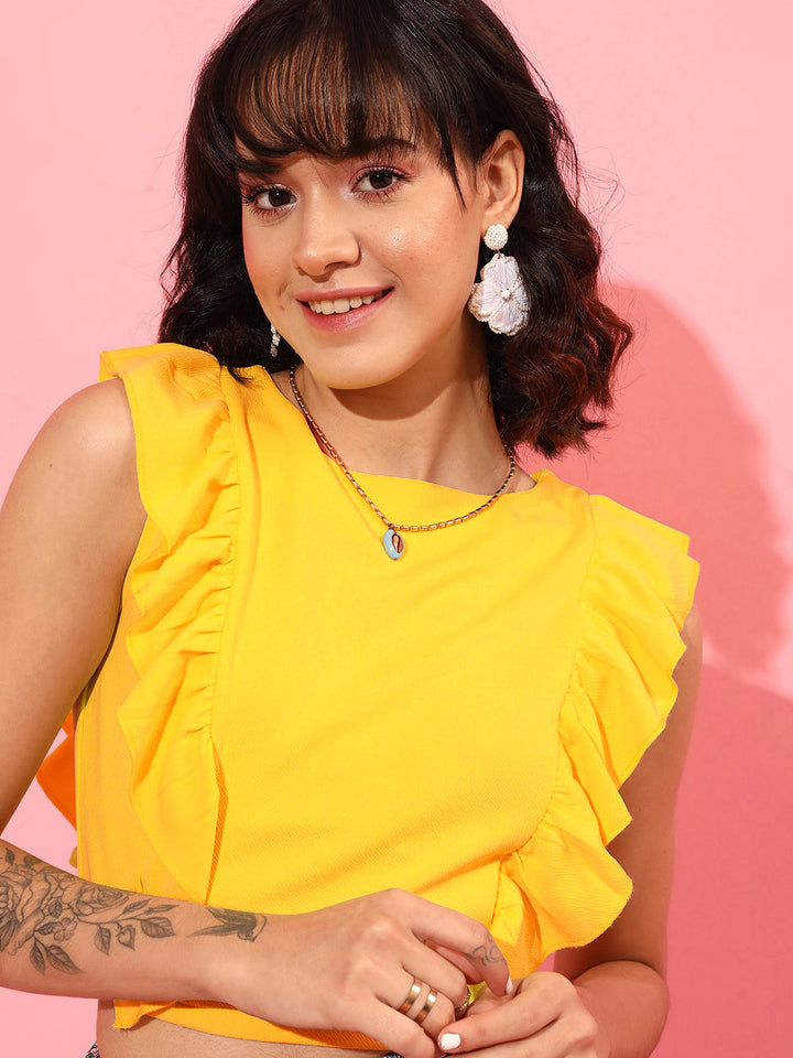 STREET 9 Round Neck Sleeveless Ruffles Crop Top