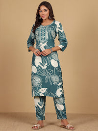 Varanga Floral Printed Round Neck Thread Work Straight Kurta With Trousers