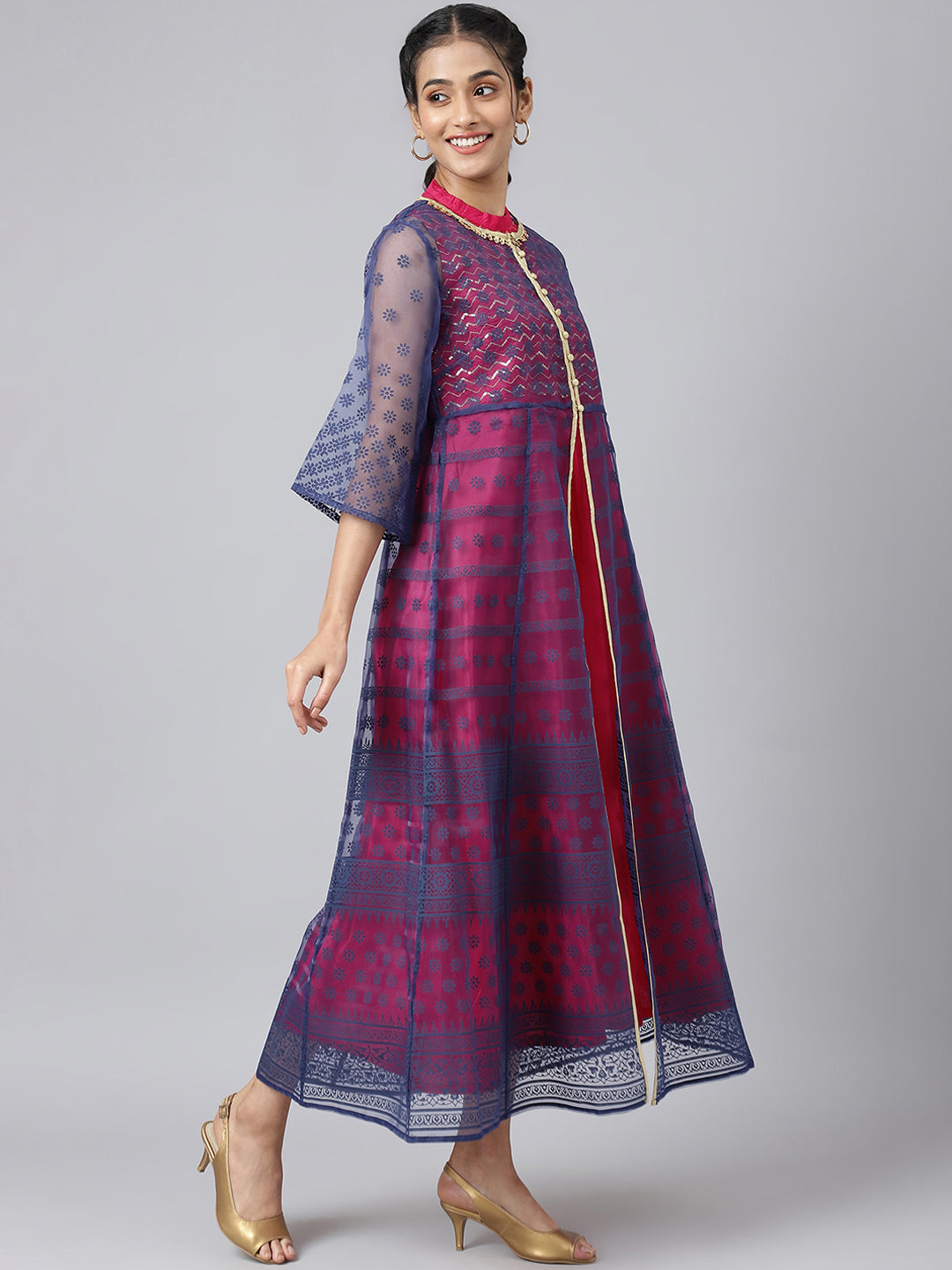 AURELIA Women Blue Ethnic Motifs Printed Flared Sleeves Anarkali Kurta