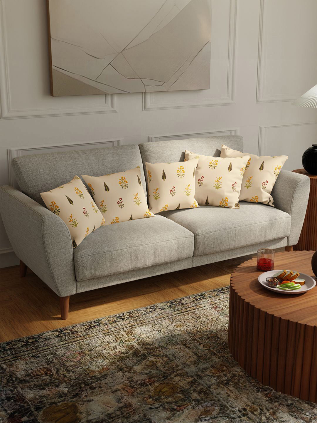 URBAN SPACE White & Yellow 5 Pieces Floral Printed Cotton Square Cushion Covers