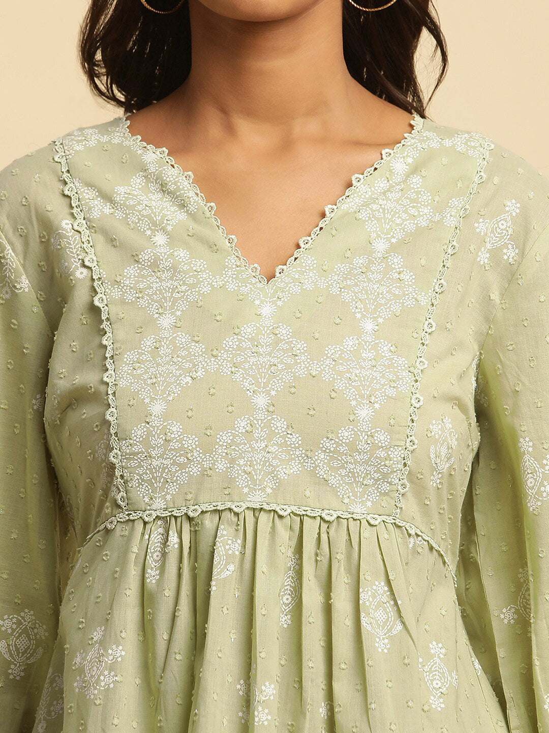 W Green & White Floral Printed Puff Sleeve Pure Cotton A-Line Top