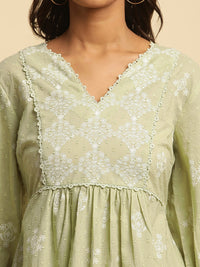 W Green & White Floral Printed Puff Sleeve Pure Cotton A-Line Top