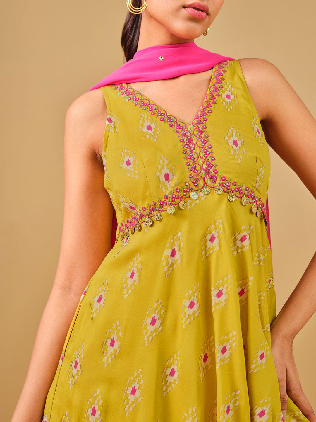 Global Desi Ethnic Motifs Printed Mirror Work Anarkali Kurta with Trousers & Dupatta