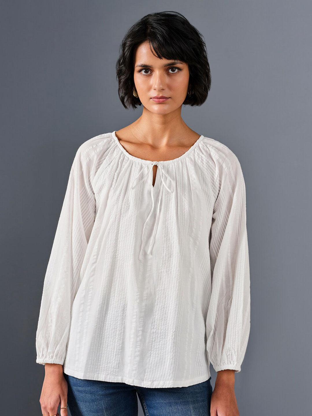 AND Tie-Up Neck Puff Sleeve Pure Cotton  A-Line Top