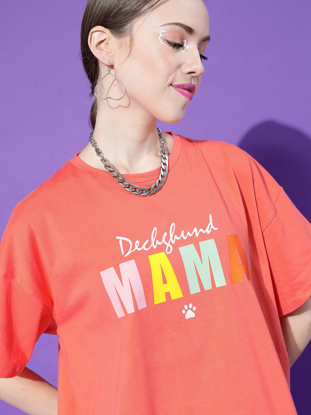 STREET 9 Women Coral Typography Printed Oversized Cotton Outdoor T-shirt