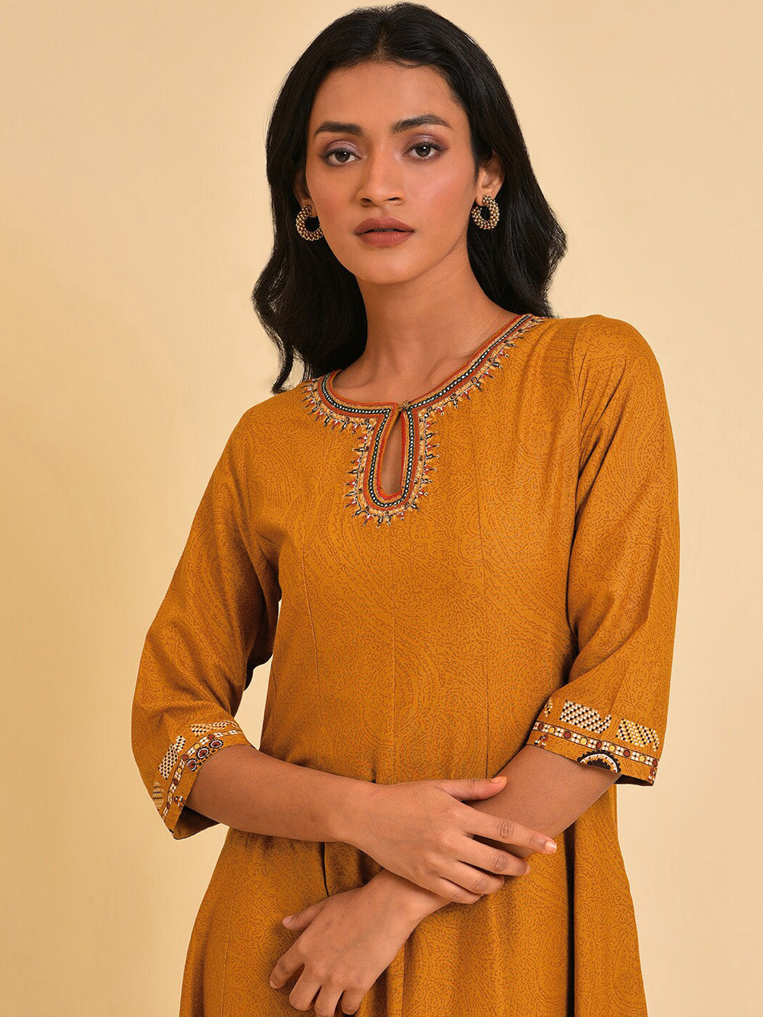 W Keyhole Neck Ethnic Motifs Printed Embellished A-Line Ethnic Dress