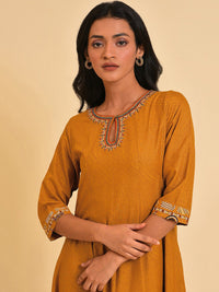 W Keyhole Neck Ethnic Motifs Printed Embellished A-Line Ethnic Dress