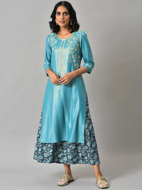 Aurelia Women Blue Zari Embroidered Kurta with Printed Culottes