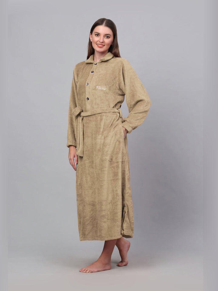 KLOTTHE Beige Woollen Long Sleeves Bath Robe With Belt