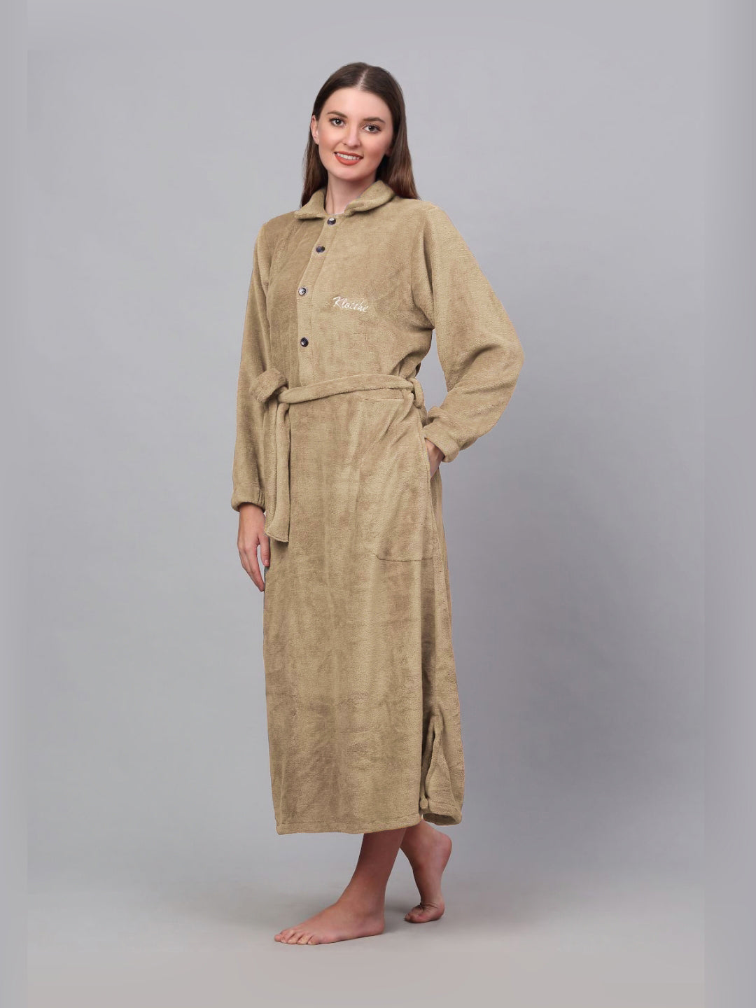 KLOTTHE Beige Woollen Long Sleeves Bath Robe With Belt
