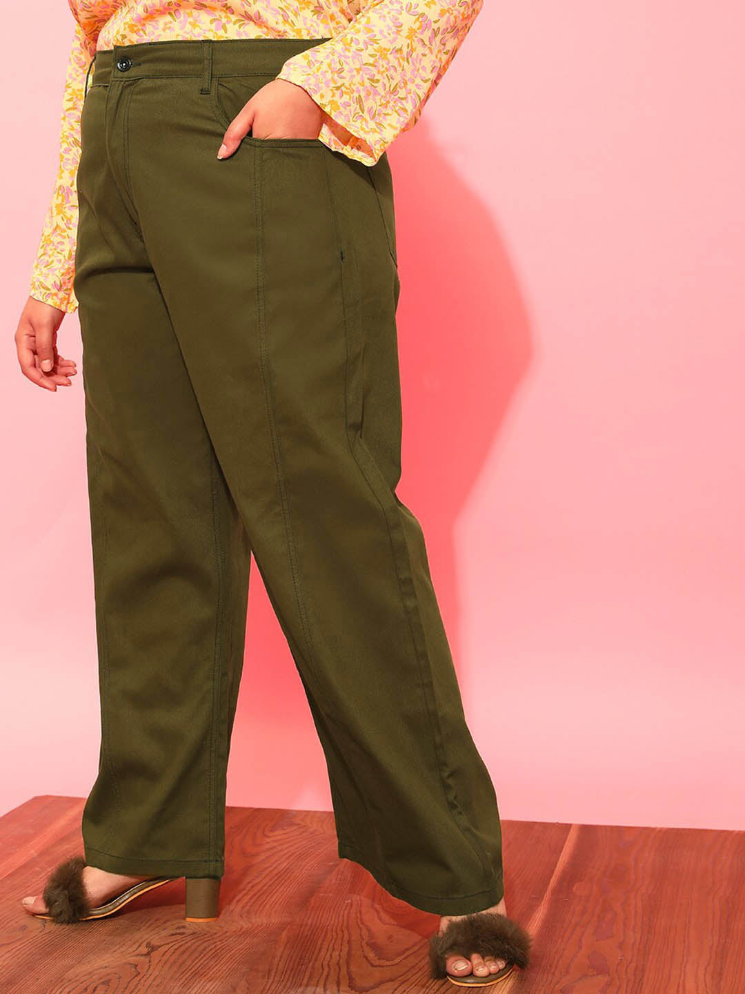CURVY STREET Women Plus Size Olive Green Relaxed Straight Leg Pure Cotton Trousers