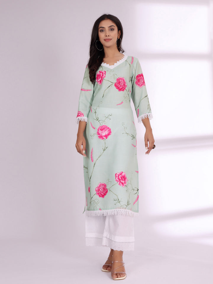 Varanga Floral Printed V-Neck Pure Cotton Straight Kurta