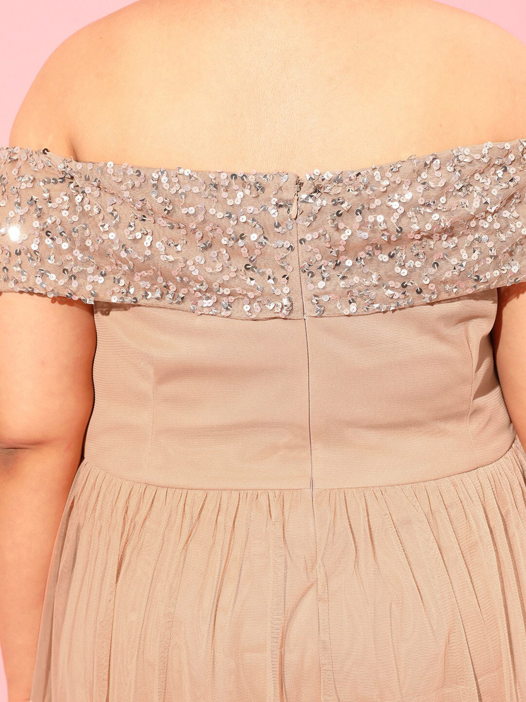 CURVY STREET Peach Plus Size Embellished Net Dress